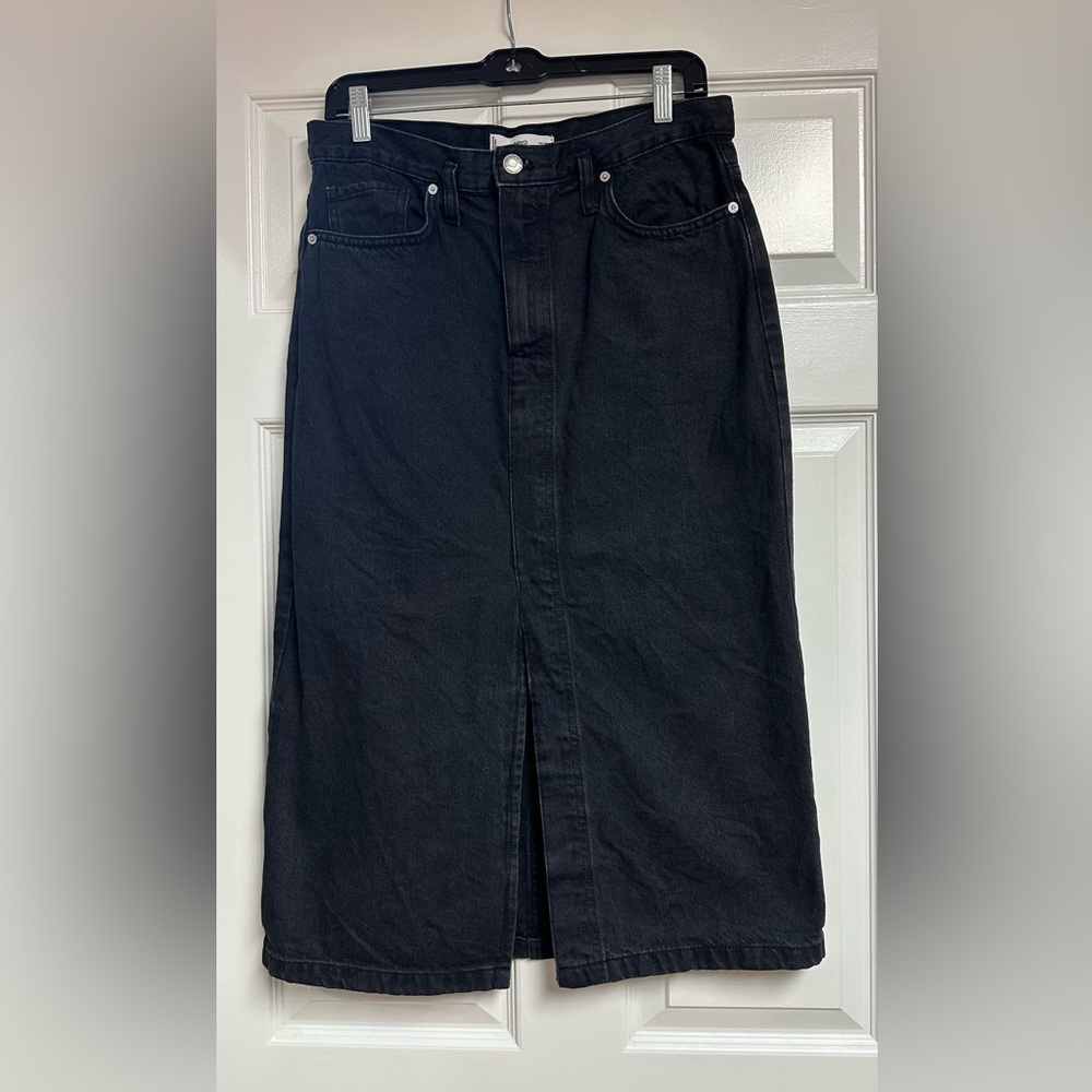 Mango MNG Black Wash Denim Midi Skirt - High Waist with 15 “ Front Slit - Medium